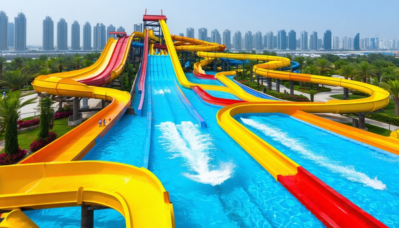 Aerial view of Dubai Water Park with thrilling water slides