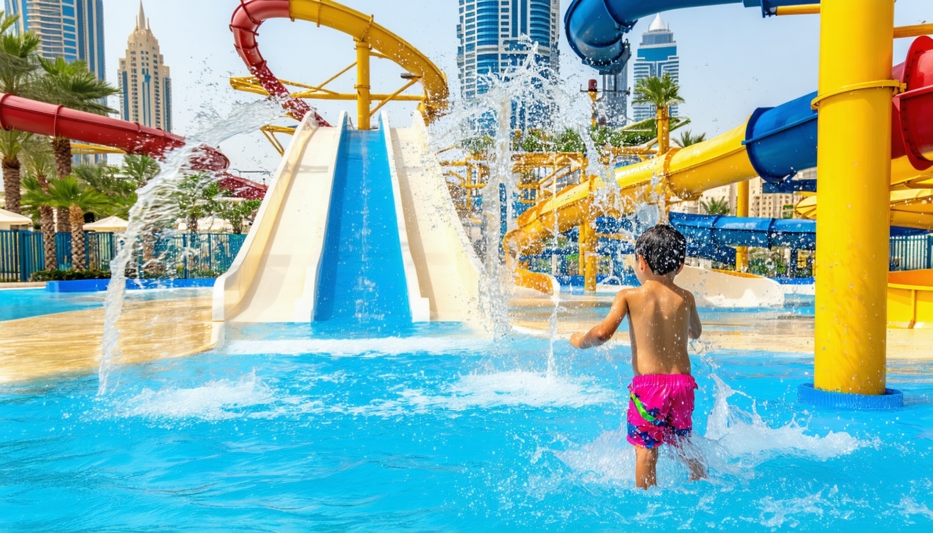 Children playing in the interactive splash zone at Dubai Water Park