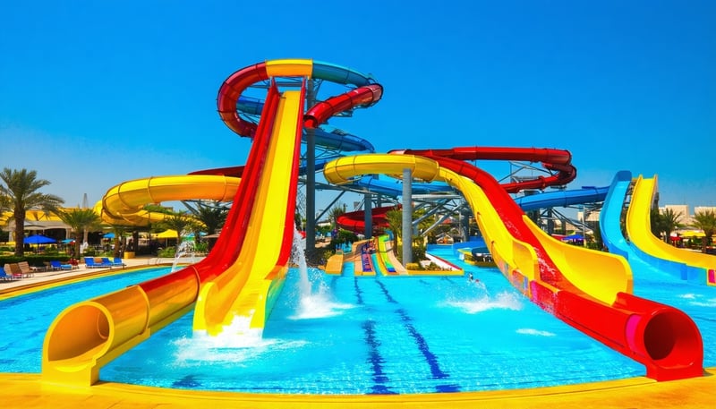 A vibrant view of Dubai Water Park featuring water slides and pools.