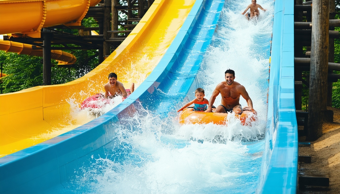 Families enjoying thrilling water slides at the water park